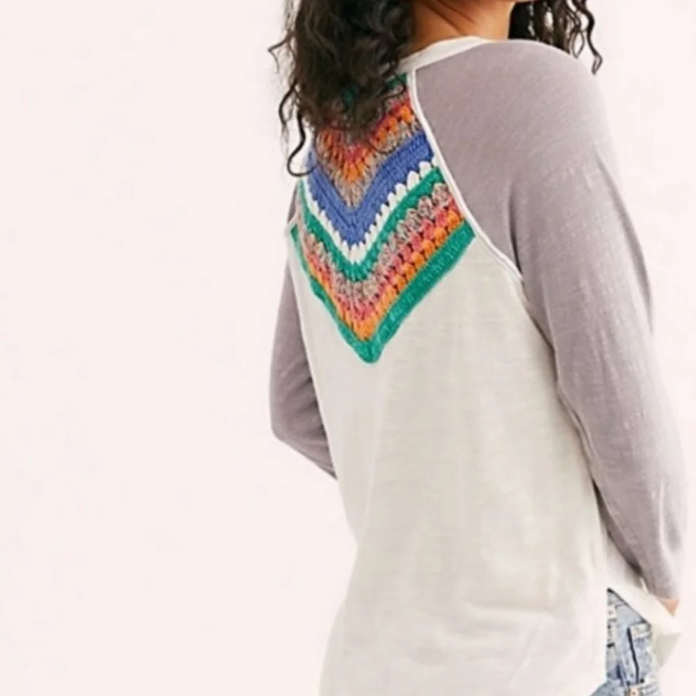Free People Raglan Crochet 3/4 Long Sleeved Top, Size XS but fits Bigger